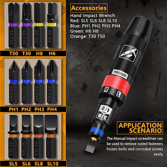 1/2" Hand Impact Screwdriver Set, 13 PCS Manual Reversible Impact Driver Kit, S2 Steel Bits Repair Tool, Disengage Rusted Fasteners or Frozen Bolts