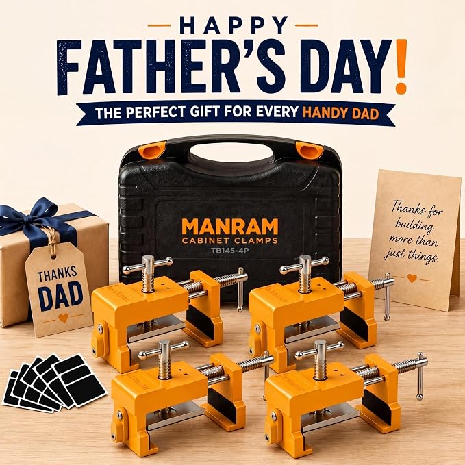 MANRAM Cabinet Clamps 4 Pack A Great Gift for Dad, Heavy Duty Cast Steel Face Frame Alignment Tool with Integrated Drill Guide, EVA Protective Pads and Carrying Case for Cabinet Installation