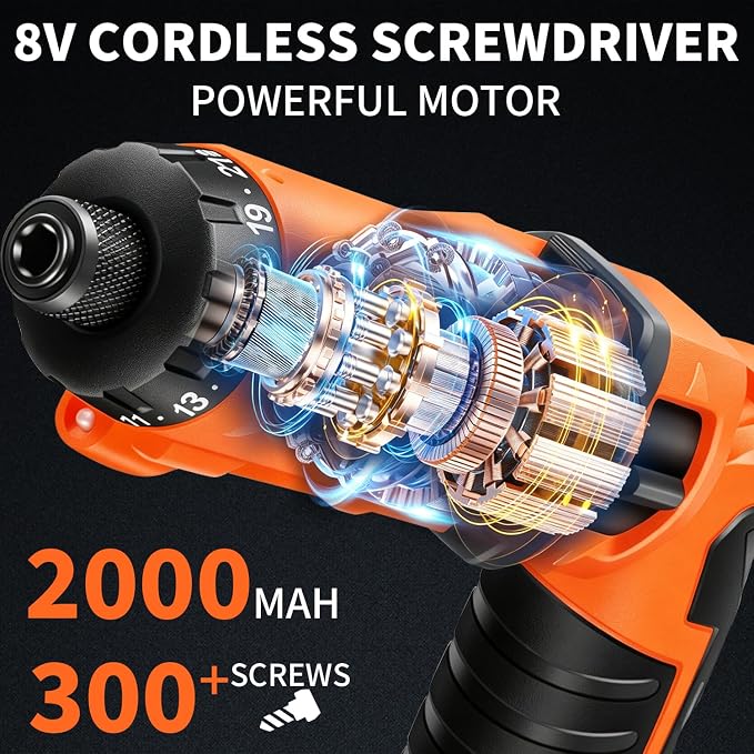 ENERTWIST 8V Cordless Electric Screwdriver, 82pcs 10Nm Max Fast Rechargeable Screwdriver Set with 1Hr Charger and Accessory Kit in Carrying Case, 21+1 Cluth, Dual Position Handle, ET-CS-8K
