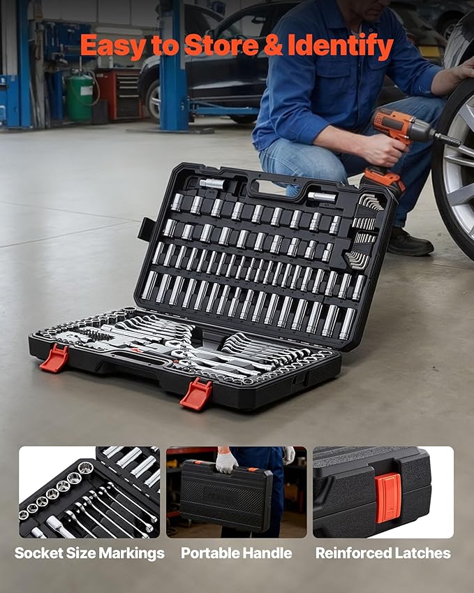 VEVOR Mechanics Tool Set, 159-Piece Mechanic Tool Kit, 1/4 in, 3/8 in, and 1/2 in Drive, SAE and Metric Socket Set, Wrenches, Screwdriver Bits, Accessories, and Storage Case, for Automotive Repair