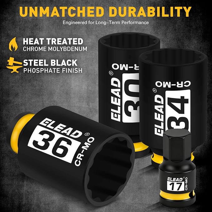 12-Point 1/2" Drive Axle Nut Socket Set, 8-Piece Metric Wheel Axle Nut Wrench Large Jumbo 30mm 32mm 34mm 35mm 36mm, Hex Bit Socket 14mm 17mm 19mm, Car Spindle Joint High Torque Truck Bearing Locknut