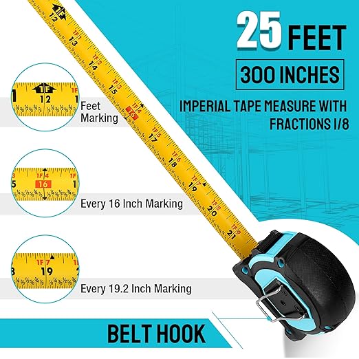DURATECH Magnetic Tape Measure 25FT with Fractions 1/8, Retractable Measuring Tape, Easy to Read Both Side Measurement Tape, Magnetic Hook and Shock Absorbent Case for Construction, Carpenter
