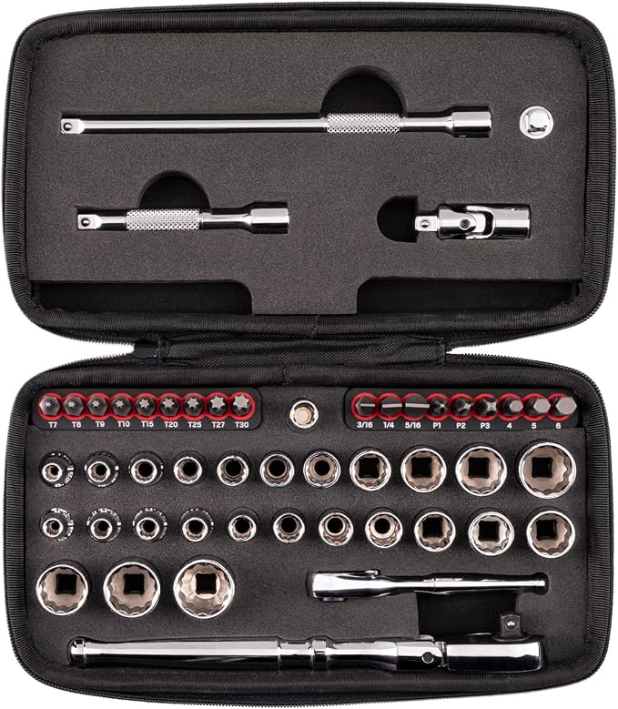 TEKTON 1/4 Inch Drive 12-Point Small Engine Socket Set, 50-Piece | SKT07908 | (5/32 - 9/16 in., 4 - 15 mm, Phillips #1 - 3, Slotted 3/16 - 5/16 in., T7 - T30), Shallow, Zipper Case, Custom Foam