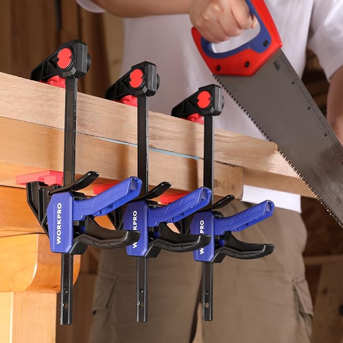 WORKPRO Mini Bar Clamps for Woodworking, 6PC One-Handed Spreader/Bar Clamp, 6-Inch (4) Light-Duty Quick-Change Wood Clamps Set and 6-Inch (2) Mini F Clamp, 150 lbs&50 lbs