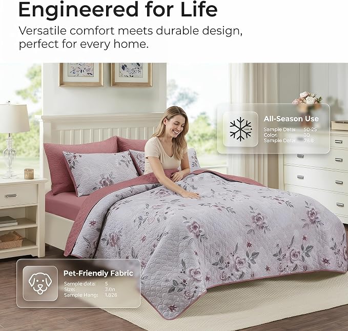 Boho Floral Quilt Set King Size, Lightweight Microfiber Bedspread Coverlet, Soft All Season Bedding with 2 Pillow Shams, Vintage Botanical Purple Flowers Pattern (Purple Flowers, King) | Breathable