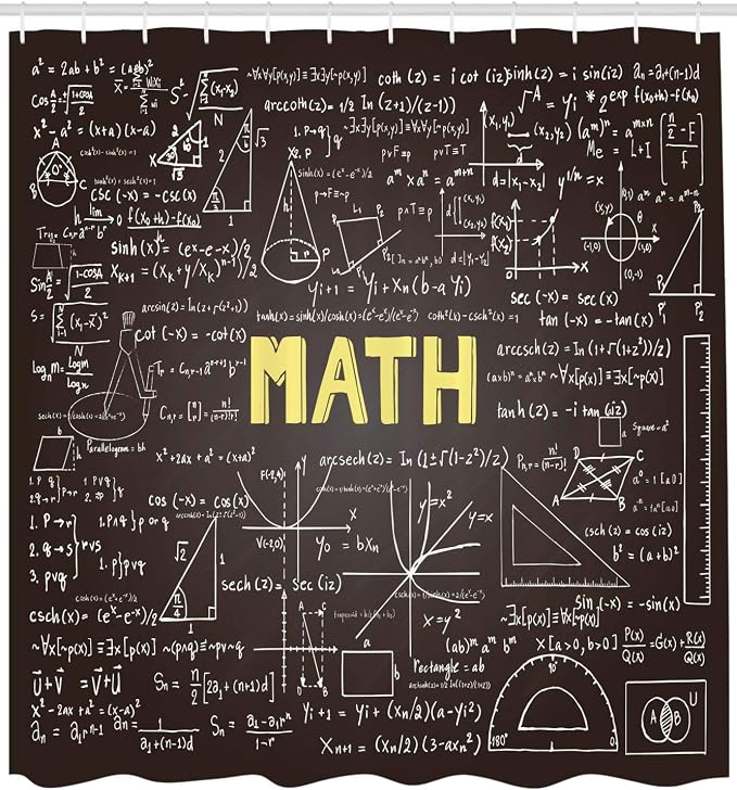 Mathematics Classroom Shower Curtain by Ambesonne, Dark Blackboard Backdrop with Math Equations Geometry Axis Art, Fabric Bathroom Decor Set with Hooks, 84 Inches Extra Long, Army Green Yellow