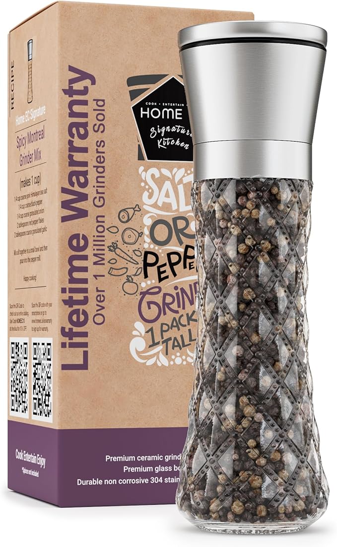 HOME EC Original Stainless Steel Salt or Pepper Grinder 1pk - Adjustable Ceramic Sea Salt Grinder or Pepper Mill - Tall Glass Spice Shaker - Spice Mill (Diamond Facet)