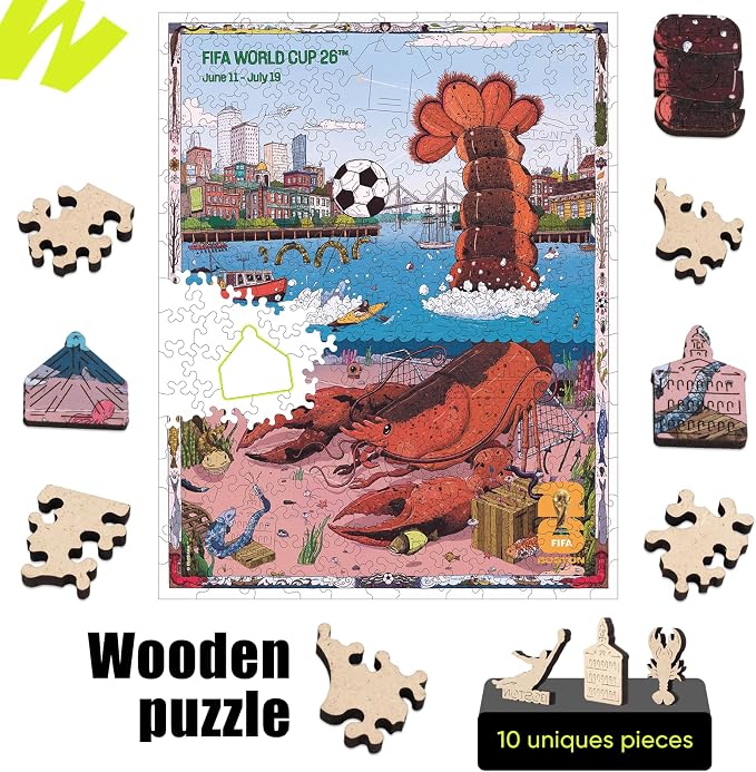 FIFA World Cup 2026 City Puzzle Boston Poster - Wooden Puzzle for Adult, 200 Pieces Irregular Shape Puzzle, 5MM Thick, Creative Collectible Gift for Fans, Officially Licensed Product, 9.3x11.8''