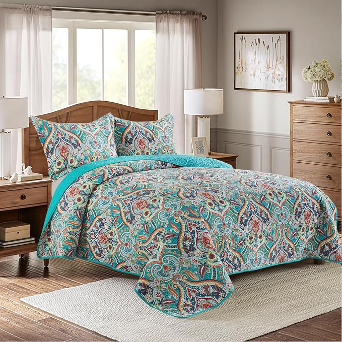 BEDIFANY Cotton Queen Quilt Set - Lightweight Queen Size Quilts Bedding Set for a Comfortable Sleep - Reversible Bedspread Coverlet (90 * 98 in) with Boho Pattern, 3 Pieces