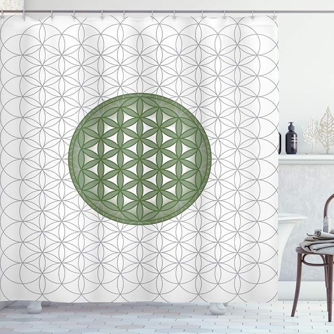 Ambesonne Geometry Shower Curtain, Interlace Circles of Time and Space Theme Vortex Natural Geometry Myth Form, Cloth Fabric Bathroom Decor Set with Hooks, 69" W x 75" L, Reseda Green