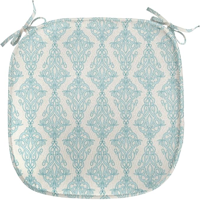 Lunarable Damask Blue Chair Seating Cushion Set of 4, Vintage Antique Pattern with Classic Victorian Motif, Anti-Slip Seat Padding for Kitchen & Patio, 16"x16", Eggshell Pale Cadet Blue