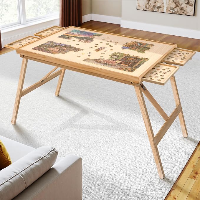 TEAKMAMA 27.6"H 2000Pcs Puzzle Table with Legs,4 Drawers for Adults,Natural | 41" W x 28.5" D Wood Folding Jigsaw Puzzle Board with Protective Cover