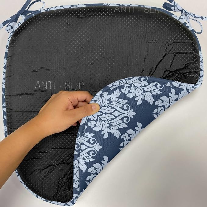 Lunarable Damask Blue Chair Seating Cushion Set of 12, Abstract Antique Royal Motif with Leaves and Swirls, Anti-Slip Seat Padding for Kitchen & Patio, 16"x16", Ceil Blue Violet Blue