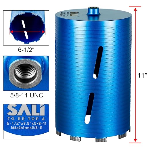 SALI Diamond Core Drill Bits 6 1/2" Diameter 10"/254mm Drilling Depth 5/8-11" Thread Core Bit Turbo Laser-Welded Segments for Cured Concrete with, Brick, Block, Masonry, with Two Adapters