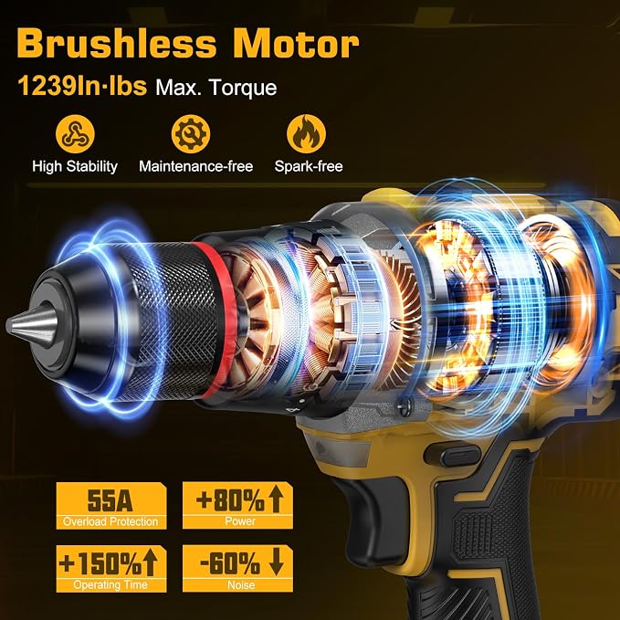 Cordless Hammer Drill 1239In·lbs - 21V Brushless Electric Power Impact Drill Set w/ 2 x 4.0Ah Battery & 1/2" Self-Locking Metal Chuck & 42PCs Accessory for Drilling Wood Bricks Metal Concrete