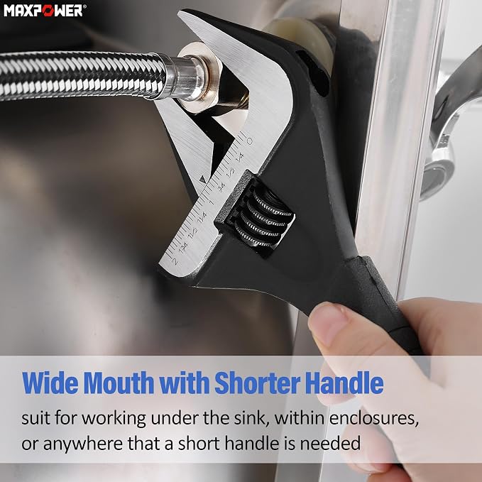 MAXPOWER 6 8 10-inch Adjustable Wrench Set, Wide Jaw Opening 1.4" 1.6" 2" | Soft Grips, Smooth Jaw, Stubby Plumbing Wrench Set