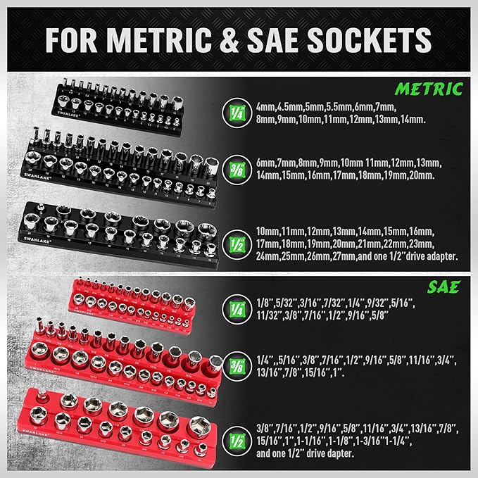 6-piece Magnetic Socket Organizer Set, Metric & SAE Drive Socket Holder, Includes 1/4", 3/8", 1/2", Holds 143 Pieces Magnetic Trays Red Black