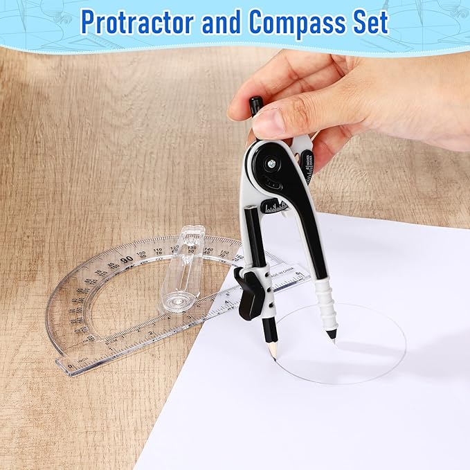 Zonon Student Protractor and Compass Set, Student Geometry Math Set Drawing Compass and 180 Degree 6 Inch Protractor with Swing Arm for Drawing Measuring School Office(Black)