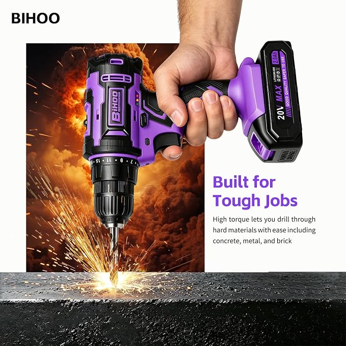 Purple 20V Cordless Drill Electric Drill set, Electric Screwdriver with 2 Batteries & Charger, 3/8" Keyless Chuck, 25+1 Torque 2-Speed Hammer Drill, Drill Bits Kit for Home DIY & Woodworking