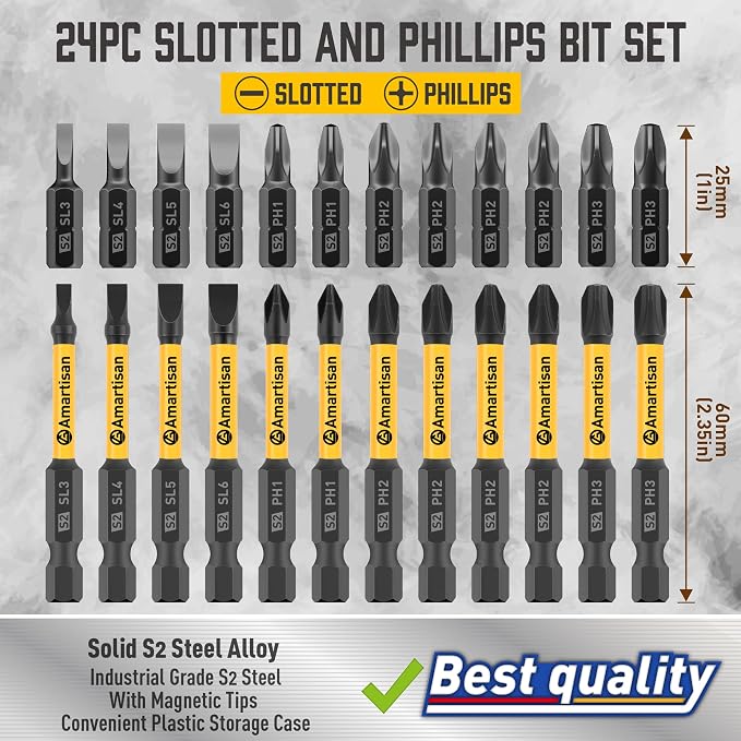 Amartisan 24-Piece Slotted Phillips Drill Bit Set, S2 Alloy Steel, Magnetic Tips, 2.3" Long With Storage box.Power Drill - Pro & DIY (24-Piece Bit Set (Slotted+Phillips))