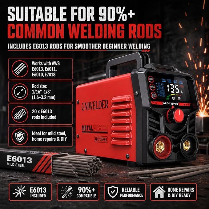 135A Mini Stick Welder 110V – Portable Arc Welder for Home DIY & Household Repairs, Weld 1/16″ to 1/8″ Steel, Easy Arc Start & Anti-Stick for Beginner, Includes Gloves & 20 Rods,4.4 lbs IGBT inverter