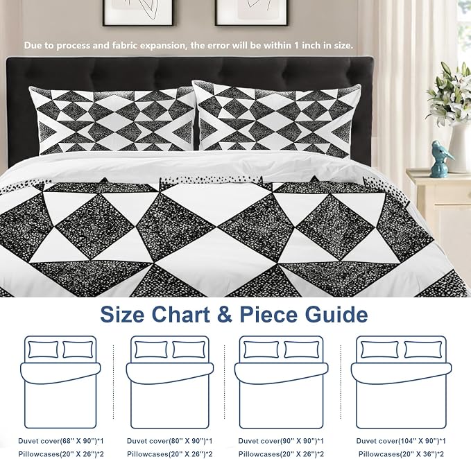 Batmerry Houndstooth Black White King Size 100% Cotton Duvet Cover Sets, Plaid Abstract Fashion Geometric Bedding Set with Zipper Closure Corner Ties, 3 Pieces (1 Cover + 2 Pillowcases No Comforter)