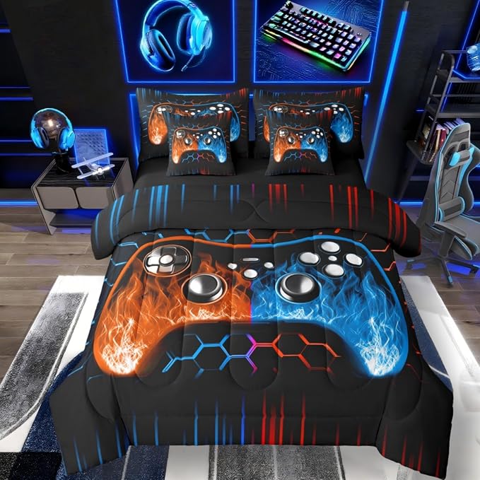 Boys Gaming Bed in a Bag King Size Comforter Set 7 Pieces Ombre Art Honeycomb Bedding Set Orange Blue Neon Lights Sheet Set Game Console Bed Set Geometric Hexagon Beehive Gaming Room Decor