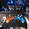 Boys Gaming Bed in a Bag King Size Comforter Set 7 Pieces Ombre Art Honeycomb Bedding Set Orange Blue Neon Lights Sheet Set Game Console Bed Set Geometric Hexagon Beehive Gaming Room Decor