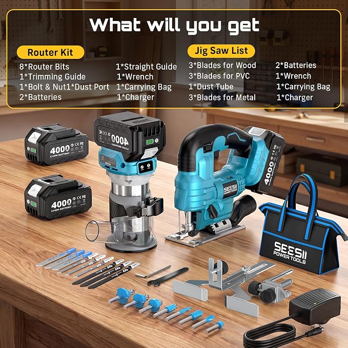 SEESII Cordless Jigsaw and Wood Router Tool Combo Kit | with Batteries and Charger, Brushless Aluminum Palm Router, 0-45° Bevel Jig Saw, Adjustable Speed for Cutting & Trimming