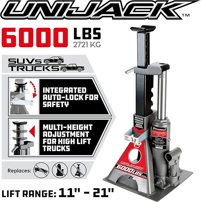 Powerbuilt 3 Ton, Bottle Jack and Jack Stands in One, 6000 Pound Capacity, All-in-One Car Lift, Heavy Duty Vehicle Unijack, Wide Base, 620471
