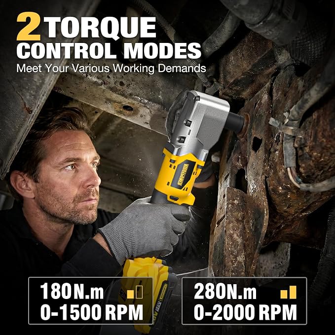 20V Brushless Right Angle Impact Wrench, 1/2", 207 FT-LBS | Slim 90°head, 2 batteries,2-speed control,LED light, for Tight Spaces, Automotive Repair, Engine Bay & Machinery Maintenance
