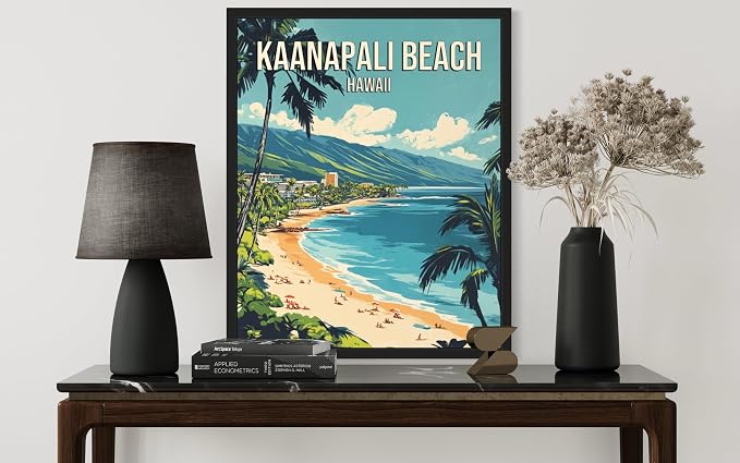 Kaanapali Beach Hawaii Black Framed Wall Art Print Poster, US Vintage Retro Beach Scenery Posters Prints for Restroom Home Picture Painting Artwork Gallery 219 (Kaanapali Beach Hawaii, 14"L x 11"W, Black Frame)
