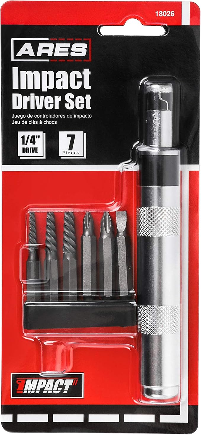 ARES 18026-1/4-Inch Drive Manual Reversible Impact Driver - Includes 6-Piece Flathead, Phillips, and Spiral Screw Extractor Bit Set - Disengage Rusted Fasteners or Frozen Bolts - Compact Design