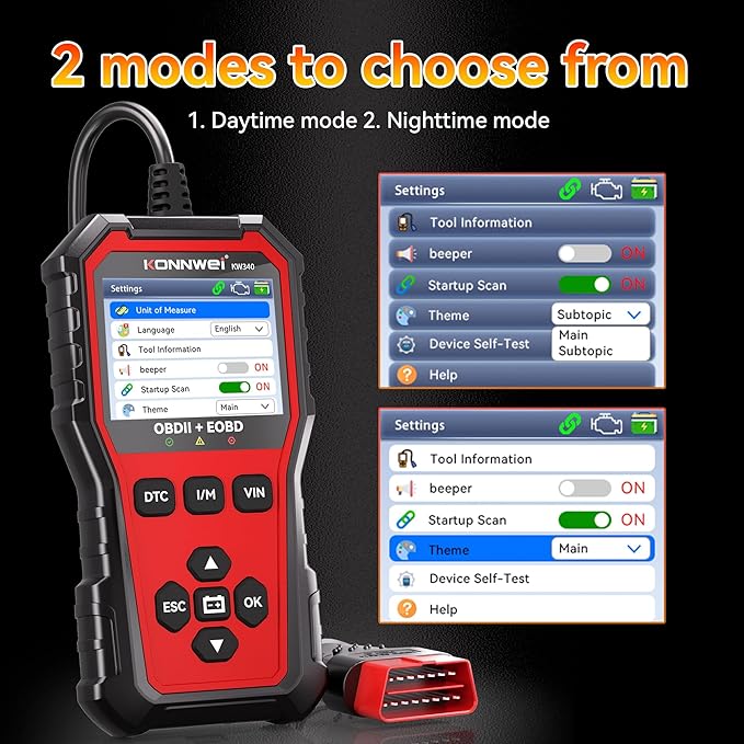 KONNWEI KW340 OBD2 Scanner Car Engine Fault Code Reader 2.8'' Color Screen Automotive Diagnostic Scan Tool with Battery Test, I/M Readiness, One‑Click DTC/VIN for All OBDII EOBD Vehicles 1996+