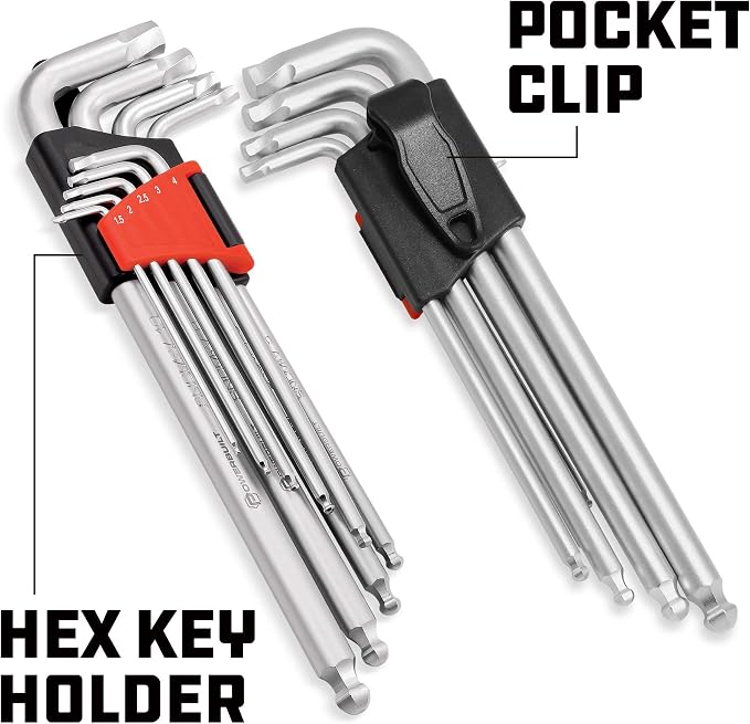 Powerbuilt 9 Piece Metric Hex Key Wrench Set for Damaged Fasteners, Standard, Grip Rusted, Rounded Bolts, Sizes 1.5mm to 10mm, Extra-Long L-Handles with Ball Ends - 240095