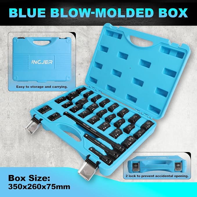 1/2 29PC Socket Set Shallow, CR-MO,SAE/Metric 3/8"-1",10-24mm | short impact socket set 1/2 drive with Extension Bars Standard Shallow Socket Set High Torque Truck Bearing Locknut