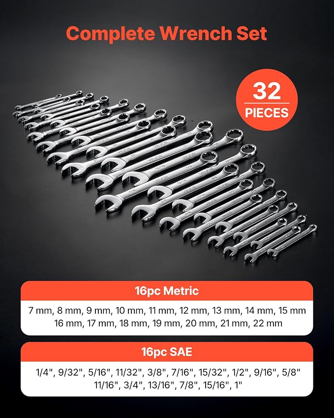 VEVOR Combination Wrench Set, 32-Piece SAE and Metric, 12-Point Box End and 15° Angled Open End Combination Wrenches with Roll Up Pouch, Carbon Steel, for General Household and Automotive Repairs