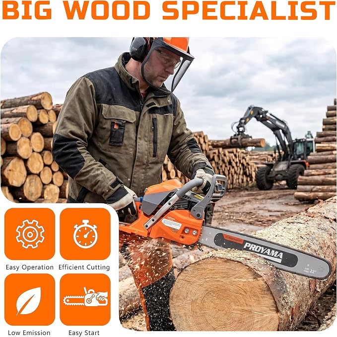 PROYAMA 62cc Gas Powered Chainsaw, 3 Position Spring Vibration System | 18" & 22" Bar and Chain, 3.5HP 2 Cycle Gas Power Handheld Chain Saw with Transparent Fuel Tank for Tree Wood Cutting