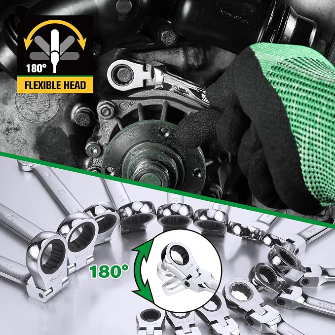 SK Flex Head Ratcheting Wrench Set, SAE 3/8"-3/4", Metric 10-19mm, 14-Piece | Ratchet Wrenches Set 72-Tooth, Combination Wrench Set, Chamfered Head Design, Premium CR-V Steel, Roll-Up Pouch