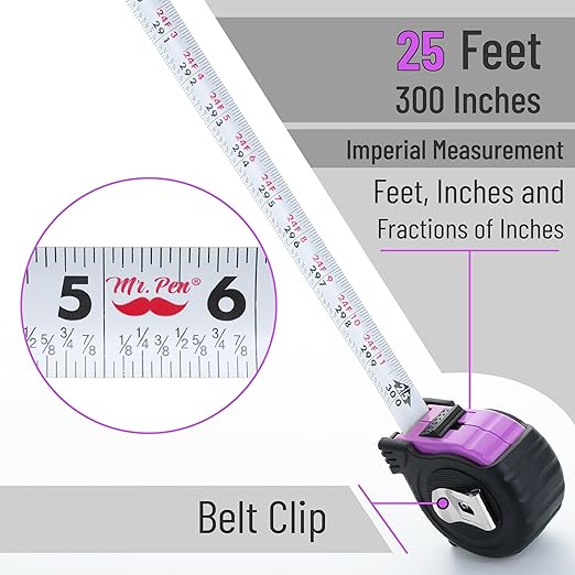 Mr. Pen- Retractable Tape Measure 25 ft, Pastel Purple, Easy Read, Steel Retractable Measuring Tape with Fractions, Ideal for Construction & DIY Projects