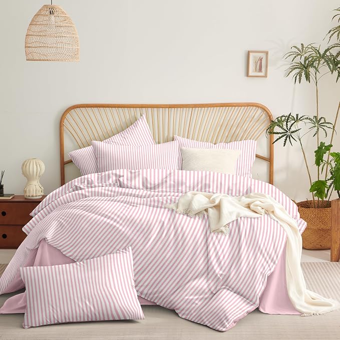 Sedefen Striped Duvet Cover Queen Size Pink Stripes Bedding Set 3 Pcs Kids Boys Girls Women White Geometric Stripe Reversible Soft Microfiber Duvet Cover with 2 Pillowcases