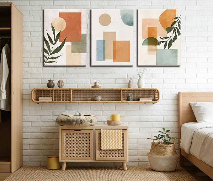 Frimeeme 3 Piece Boho Sun Canvas Wall Art, Geometric Botanical Framed Wall Decor, 12x16 Inches, Wall Art for Bedroom Living Room