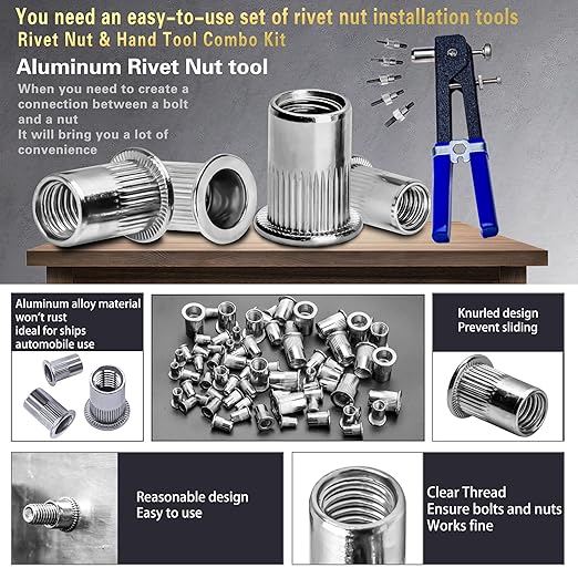 Pressure Rivet Nut Tool Kit, 430Pcs Aluminum Rivet Nut Combination (M8/M6/M5/M4/M3), Suitable for Furniture, Decoration, Automotive, Marine and Industrial Applications