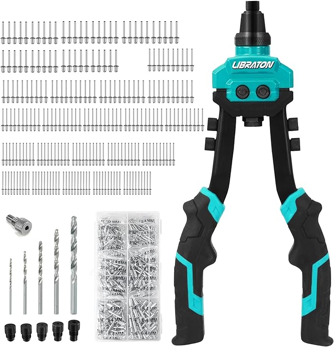 LIBRATON Pop Rivet Gun Kit, Two-Handed Rivet Gun, Heavy Duty Rivet Gun Kit, Pop Rivet Tool with 250 Aluminum Rivets in Box, 5 Tool-Free Interchangeable Nozzles, 5 HSS Drill Bits, for Automotive, Metal