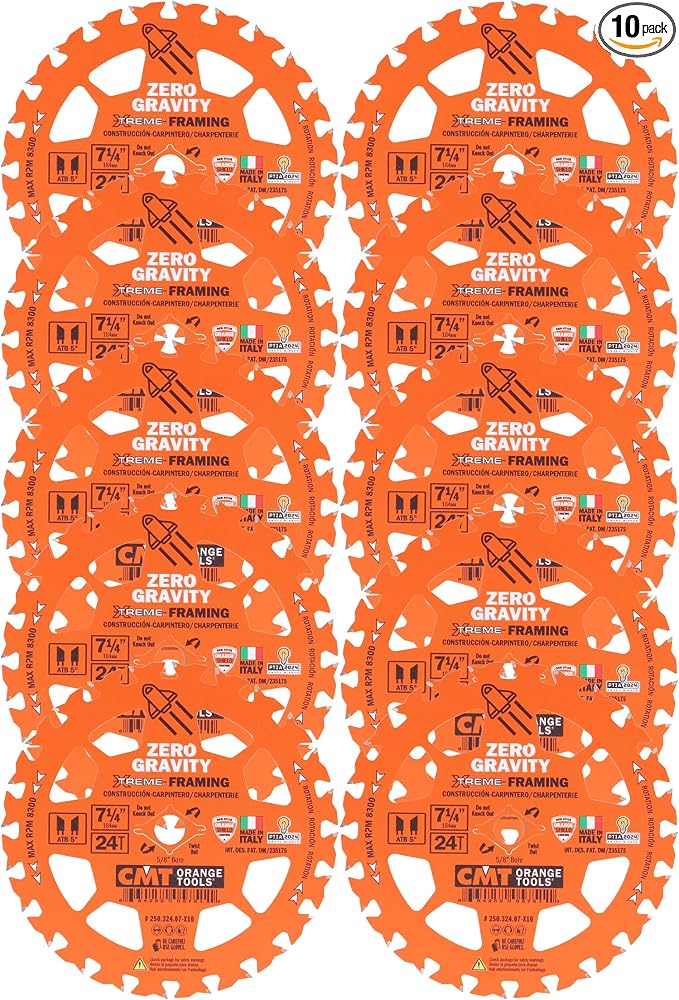CMT Orange Tool 250.324.07-X10 FRAMING Zero Gravity 7-1/4”x5/8”, 10 Pack | Zero Gravity Framing Design | Framing | Construction | Wood Cutting Applications