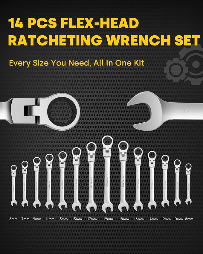 Enventor 14 Pieces Ratcheting Wrench Set, Metric 6-19mm, 180° Flex Head, CR-V Steel, 72-Teeth, 12-Point Combination Ratchet Wrenches Set with Rolling Pouch | 72-tooth Ratchet, 5° Swing Arc, 12-point Box Ends, CR-V Steel, Slim Profile, Roll-up pouch