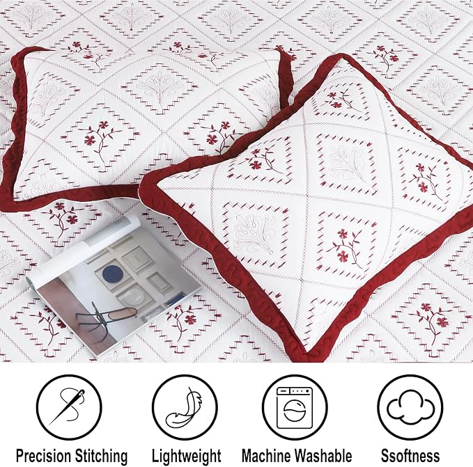 Cmfshape Floral Embroidery Quilt Set,3 Pieces California King Quilt Bedding Set,Classic Diamond Pattern Quilts,Ultra Soft Lightweight Reversible Bedspread Coverlets for All Season(Burgundy,114"x102")
