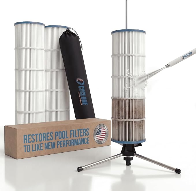 CYCLONE FILTER CLEANER – Patented Hose-Powered Spinning Pool Cartridge Filter Cleaning Tool with Stand & Spray Wand – Cleans 5X Faster – Fits 3”, 4”, 6” ID Filters