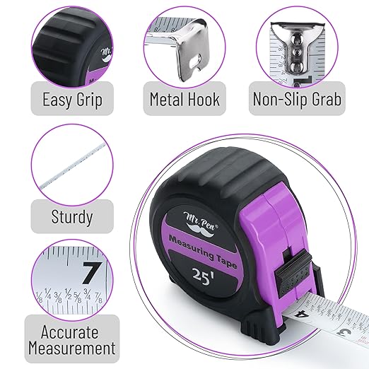 Mr. Pen- Retractable Tape Measure 25 ft, Pastel Purple, Easy Read, Steel Retractable Measuring Tape with Fractions, Ideal for Construction & DIY Projects
