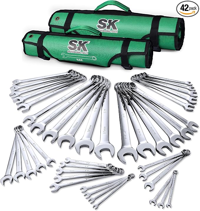 SK Combination Wrench Set, Metric 6 to 32mm, SAE 1/4" to 1-1/4", 42-Piece | SuperKrome Finish, Drop Forged Premium CR-V Steel, 12-Point Wrenches, 15-Degree Offset, with Rolling Pouch